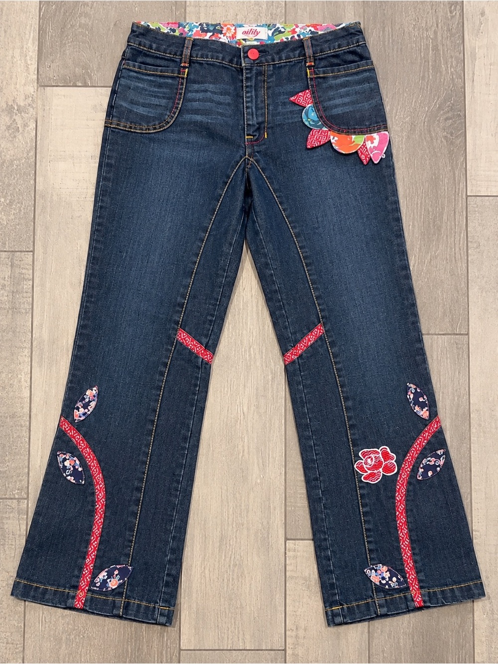 Oilily Dark Blue Flared Jeans with Pink & Multicolor Accents